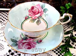 PARAGON tea cup & saucer PINK cabbage rose baby blue teacup England 1950s set
