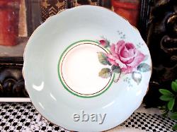 PARAGON tea cup & saucer PINK cabbage rose baby blue teacup England 1950s set