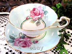 PARAGON tea cup & saucer PINK cabbage rose baby blue teacup England 1950s set