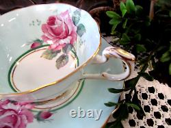 PARAGON tea cup & saucer PINK cabbage rose baby blue teacup England 1950s set