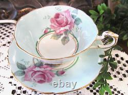 PARAGON tea cup & saucer PINK cabbage rose baby blue teacup England 1950s set