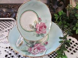 PARAGON tea cup & saucer PINK cabbage rose baby blue teacup England 1950s set