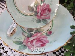 PARAGON tea cup & saucer PINK cabbage rose baby blue teacup England 1950s set