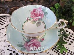 PARAGON tea cup & saucer PINK cabbage rose baby blue teacup England 1950s set