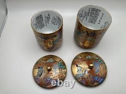 Pair Of Antique Japanese Kutani Wedding Tea Cups With Lid Gold Writing Poems