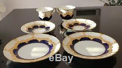 Pair of Antique Meissen Hand Painted Cobalt Blue Gold Tea Cups, Saucers, Plates