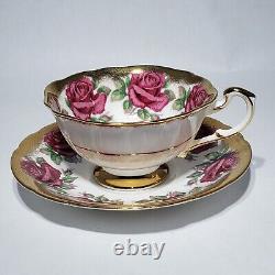 Paragon 14 Pink Red Cabbage Roses Tea Cup & Saucer Gold Trim Queen Hand Painted