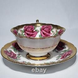 Paragon 14 Pink Red Cabbage Roses Tea Cup & Saucer Gold Trim Queen Hand Painted