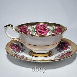 Paragon 14 Pink Red Cabbage Roses Tea Cup & Saucer Gold Trim Queen Hand Painted