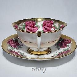 Paragon 14 Pink Red Cabbage Roses Tea Cup & Saucer Gold Trim Queen Hand Painted