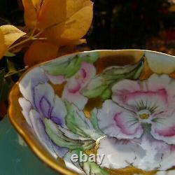 Paragon Blue Teacup & Saucer Floating Three Pansies on Heavy Gold Bowl