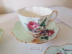 Paragon Bone China Cabbage Rose Bouquet Pale Green Gold Demitasse Cups Saucers