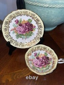 Paragon Cabbage Floating Rose Bouquet Gold Tea Cup & Saucer Widemouth #2894