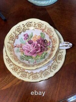 Paragon Cabbage Floating Rose Bouquet Gold Tea Cup & Saucer Widemouth #2894