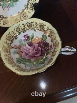 Paragon Cabbage Floating Rose Bouquet Gold Tea Cup & Saucer Widemouth #2894