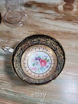 Paragon China Tea Cup & Saucer Black with Gold Trim Hand Painted Floral Pink Rose