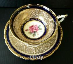 Paragon Cobalt Blue Cabbage Rose Heavy Gold Teacup and Saucer Set Vintage