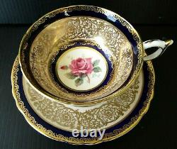 Paragon Cobalt Blue Cabbage Rose Heavy Gold Teacup and Saucer Set Vintage