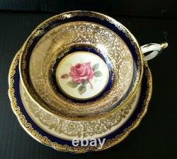 Paragon Cobalt Blue Cabbage Rose Heavy Gold Teacup and Saucer Set Vintage