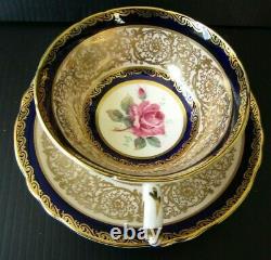 Paragon Cobalt Blue Cabbage Rose Heavy Gold Teacup and Saucer Set Vintage