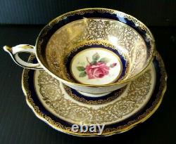 Paragon Cobalt Blue Cabbage Rose Heavy Gold Teacup and Saucer Set Vintage