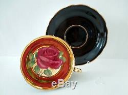 Paragon Cup Saucer Large Floating Red Cabbage Rose Black Gilded Bowl Vintage