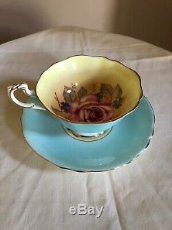 Paragon Cup Saucer Large Rose Double Warrant Robin Egg Blue & Yellow