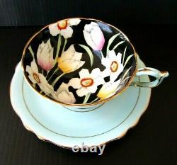 Paragon Daffodils & Tulips on Black Tea Cup and Saucer Set Narcissus. England