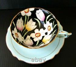 Paragon Daffodils & Tulips on Black Tea Cup and Saucer Set Narcissus. England