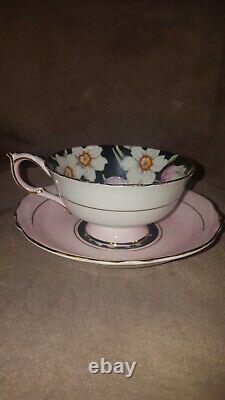 Paragon Daffodils & Tulips on Black with pink Tea Cup and Saucer Set England