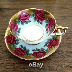 Paragon Double Warrant Blue Colour Red Cabbage Roses Heavy Gold Teacup & Saucer