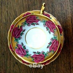Paragon Double Warrant Blue Colour Red Cabbage Roses Heavy Gold Teacup & Saucer