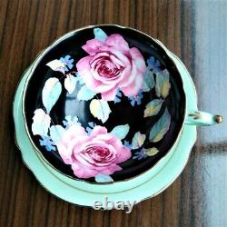 Paragon Double Warrant Green Teacup & Saucer Two Pink Cabbage Roses Hand Painted