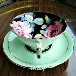 Paragon Double Warrant Green Teacup & Saucer Two Pink Cabbage Roses Hand Painted