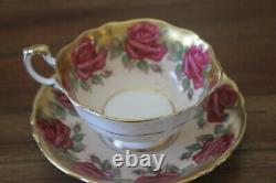Paragon Johnson Cabbage Rose Garland Tea cup Teacup Saucer gold pink red