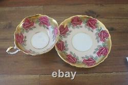 Paragon Johnson Cabbage Rose Garland Tea cup Teacup Saucer gold pink red