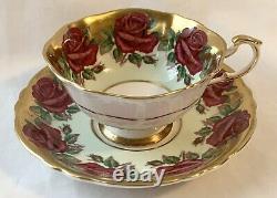 Paragon Mint Green Red Cabbage Rose Teacup & Saucer Gold Gilt