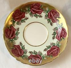 Paragon Mint Green Red Cabbage Rose Teacup & Saucer Gold Gilt