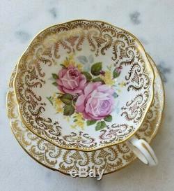 Paragon Pink Cabbage Roses Gold Gilt Wide Mouth B108 Pedestal Tea Cup and Saucer