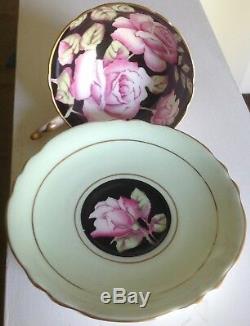 Paragon Pink Large Roses Teacup & Saucer on Black & Mint Green By Appointment
