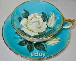 Paragon SCARCE Fancy Turquoise Humongous White Rose Fine Bone China Cup & Saucer