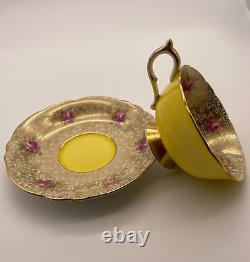 Paragon Tea Cup And Saucer Yellow Gold Chintz Pink Floral 7962/2 Dbl Warranted