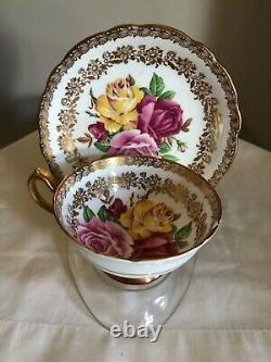 Paragon Tea Cup Saucer 3 Large Cabbage Roses Red Pink Yellow Heavy Gold