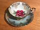 Paragon Tea Cup & Saucer. Green Large Red Cabbage Rose. England Fine Bone China
