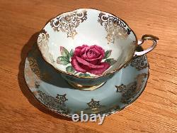 Paragon Tea Cup & Saucer. Green Large Red Cabbage Rose. England Fine Bone China