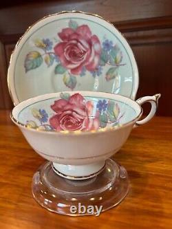 Paragon Tea Cup & Saucer Pink Cabbage Rose Blue Cup Gold Trim Double Warrant