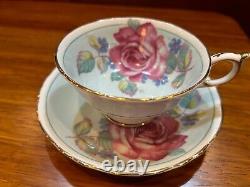 Paragon Tea Cup & Saucer Pink Cabbage Rose Blue Cup Gold Trim Double Warrant