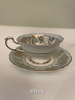 Paragon Tea Cup and Saucer Gold Blue Flower Commemorate wedding A M