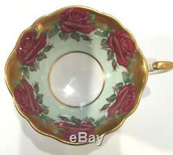 Paragon Tea Cup and Saucer, Red Roses on Gold border, scalloped, heavy gold, 1952