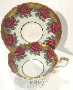 Paragon Tea Cup and Saucer, Red Roses on Gold border, scalloped, heavy gold, 1952